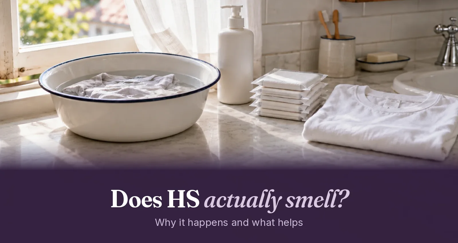 Bathroom counter by an open window with an unlabeled antiseptic wash, wrapped absorbent pads, a clean folded T-shirt and a shirt soaking
