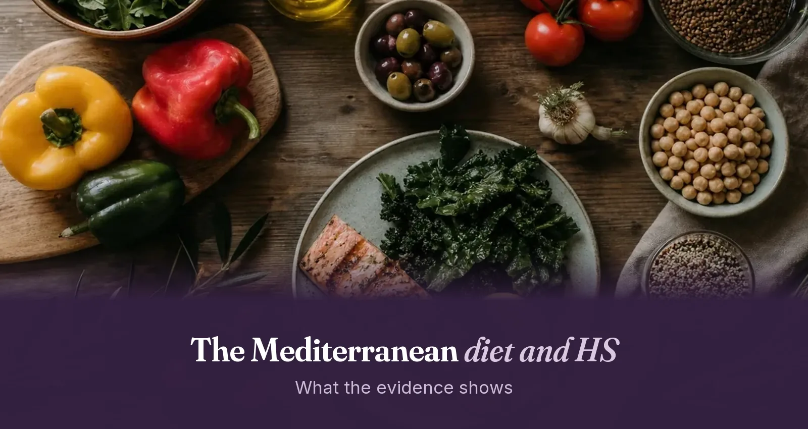 Fresh Mediterranean ingredients: olive oil, vegetables, legumes and fish on a wooden table